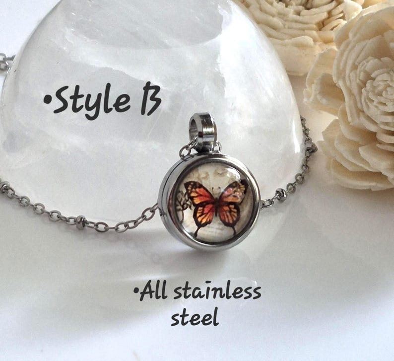 Small Butterfly Memorial Locket Necklace : Cremation Ashes Jewelry, Keepsake Gifts, Monarch Butterflies Urn Pendant Style B