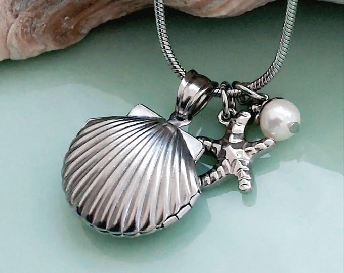 Small Shell Urn Locket Necklace, Stainless Steel Cremation Jewelry, Beach Sand Keepsake, Memorial Jewellery