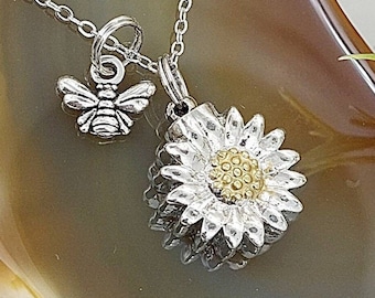 Sunflower Urn Necklace with Bee Charm, Cremation Jewelry for Ashes, Pendants for Women