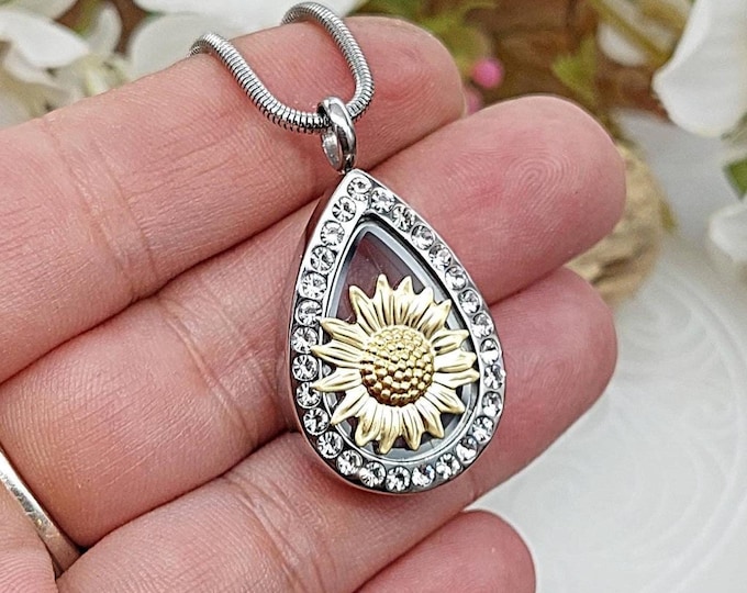 Sunflower Teardrop Urn Necklace: Glass Locket Cremation Jewelry | Memorial Gift for Her | Keepsake Ashes Pendant