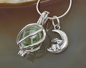 Bunny Rabbit Moon Urn Necklace | Sterling Silver Glass Locket Cage for Ashes Fur Hair | Keepsake Ash Holder Jewelry | Pet Cremation Jewelry