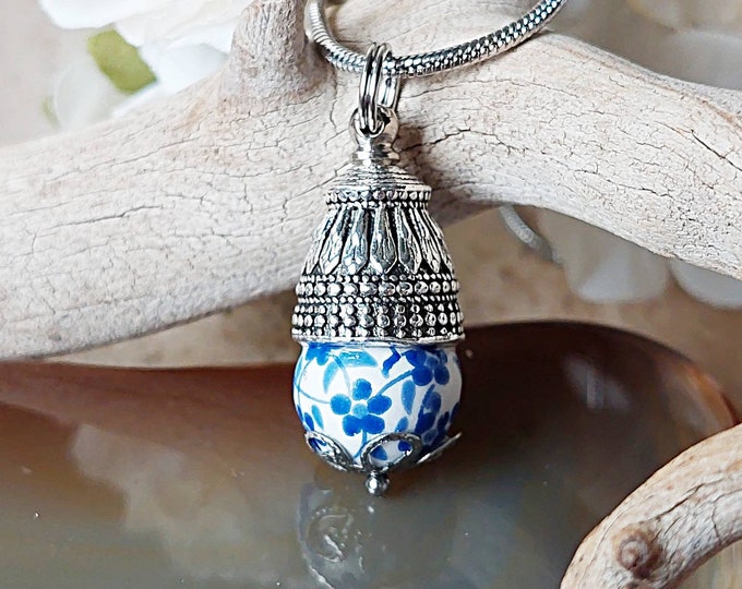 Keepsake Blue Forget Me Not Flower Teardrop Urn Pendant Necklace for Ashes | Cremation Jewelry | Memorial Jewelry | Handmade Urn Jewelry