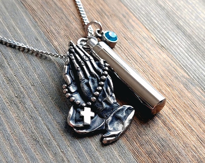 Praying Hands Urn Necklace | Memorial Jewellery Keepsakes, Cremation Ashes Jewelry, Religious Pendant for Cremains