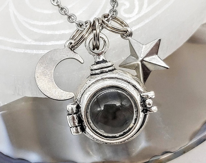 Magnifying Moon & Star Locket Necklace for Ashes | Urn Jewelry | Stash Box | Hair Locket | Cremation Jewelry | Jewelry for Human or Pet Ash