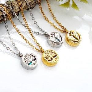 Mini Stainless Steel Urn Locket Necklace: Tree of Life, Angel Wings Cremation Jewelry