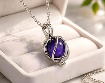 Sterling Silver Cremation Ash Jewelry, Purple Glass Orb Urn Necklace, Memorial Ashes Keepsake
