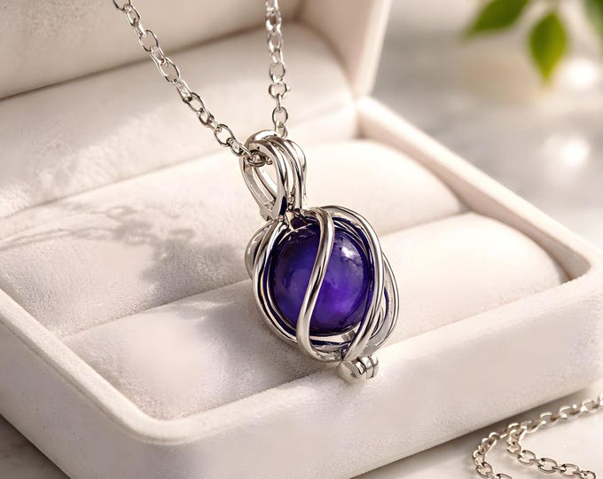 Sterling Silver Cremation Ash Jewelry, Purple Glass Orb Urn Necklace, Memorial Ashes Keepsake