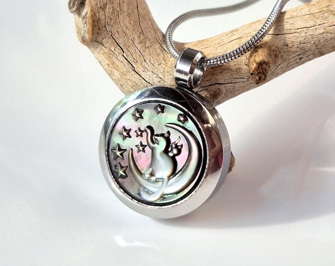 Cat on the Moon Locket Necklace | Cat Memorial Lockets | Cremation Urn Jewelry | Ashes Keepsake