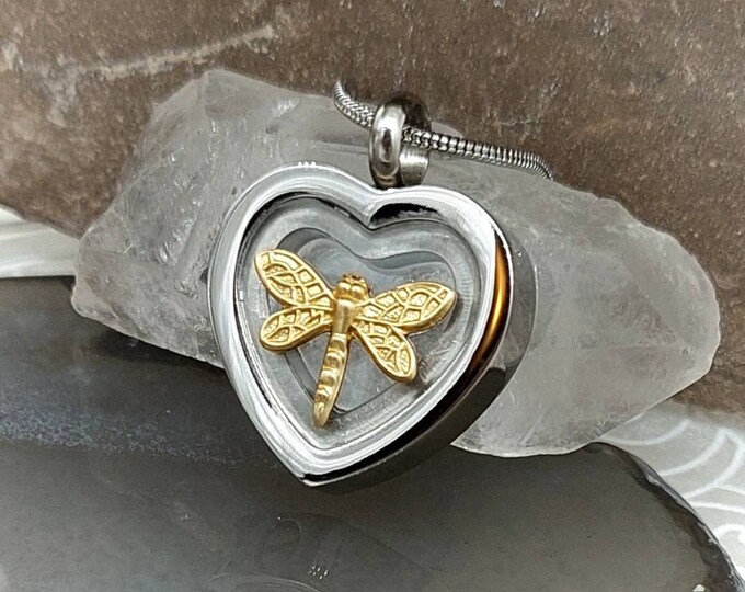 Dragonfly Locket Urn Necklace for Ashes | Cremation Jewelry for Human Ash ~ Pet Ash | Glass Heart Locket Urn Pendant | Keepsake Gift for Her