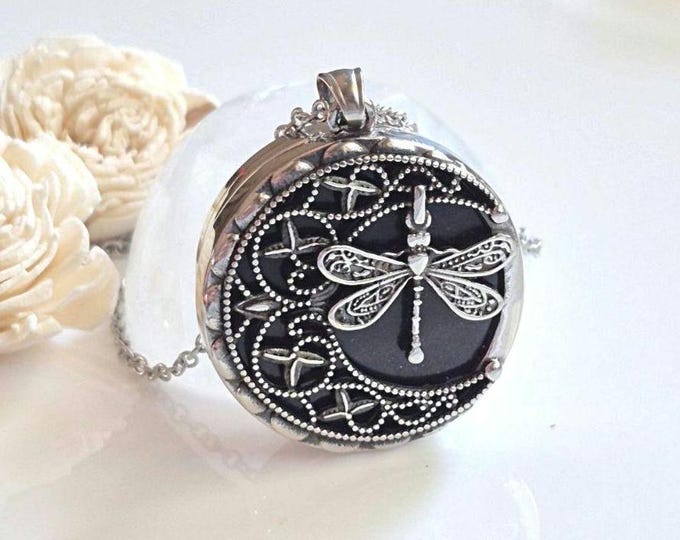 Dragonfly Locket | Urn Necklace for any Keepsake | Crescent Moon Pendant on Blue goldstone | Cremation Jewelry Gifts for Mom, Friend, Her