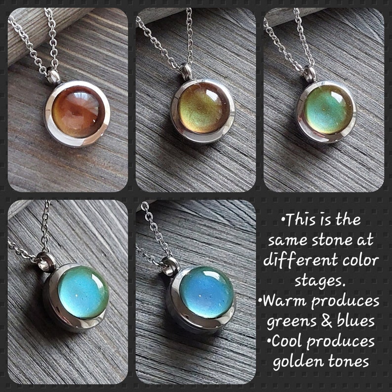 May include: Four silver necklaces with round pendants featuring a dichroic glass stone that changes color depending on the light. The stones are shown in four different color variations: gold, green, blue, and turquoise.