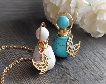 Turquoise Howlite Urn Necklace, Butterfly Memorial Pendants, Stone Cremation Jewelry for Ashes