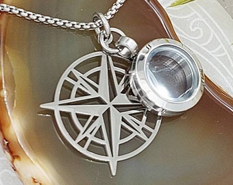 Compass Star Locket, Stainless Steel Urn Necklace, Cremation Jewelry, for Ashes, Cremains Pendant