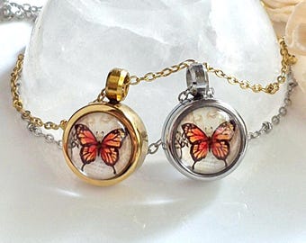 Small Butterfly Memorial Locket Necklace : Cremation Ashes Jewelry, Keepsake Gifts, Monarch Butterflies Urn Pendant