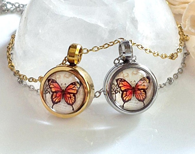 Small Butterfly Memorial Locket Necklace : Cremation Ashes Jewelry, Keepsake Gifts, Monarch Butterflies Urn Pendant