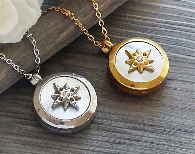 Compass Locket | Urn Necklace for Human Ashes or Lock of Hair | Cremation Jewelry Gift for Women | Memorial Ashes Jewellery | Gold or Silver