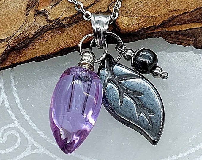 Hematite Leaf Glass Urn Necklace for Ashes | Cremation Jewelry | Memorial Jewelry | Urn Jewellery | Hematite Jewelry | Ashes Necklace