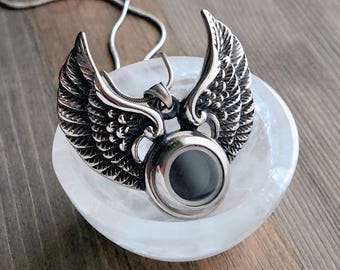 Angel Wings Locket Urn Necklace | Stainless Steel Cremation Ashes Jewelry, Mens Memorial Pendants