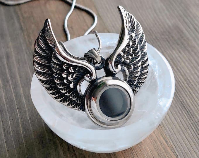 Large Angel Wings Locket Necklace | Cremation Ashes Jewelry for Men or Women, Memorial Jewelry Pendants