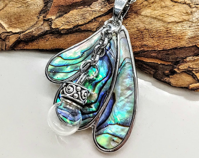 Abalone Butterfly Wing Urn Pendant Necklace for Memorial Ashes, Strand of Hair | Cremation Jewelry for women | Keepsake Urn Jewelry Gift