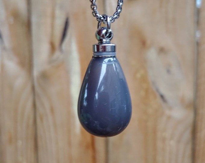 Gray Agate Teardrop Urn Locket Necklace Pendant | Cremation Jewelry |  Cremation Necklace | Grey Ash Holder | Small Memorial Urn for Ash