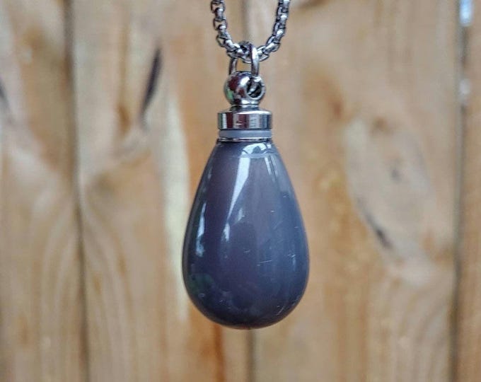 Gray Agate Teardrop Urn Locket Necklace Pendant | Cremation Jewelry |  Cremation Necklace | Grey Ash Holder | Small Memorial Urn for Ash
