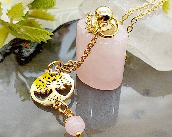 Pink Rose Quartz Crystal Pendant for Ashes | Tree of Life Urn Necklace for Cremains | Cremation Jewelry | Keepsake, Memorial, Gifts for Her