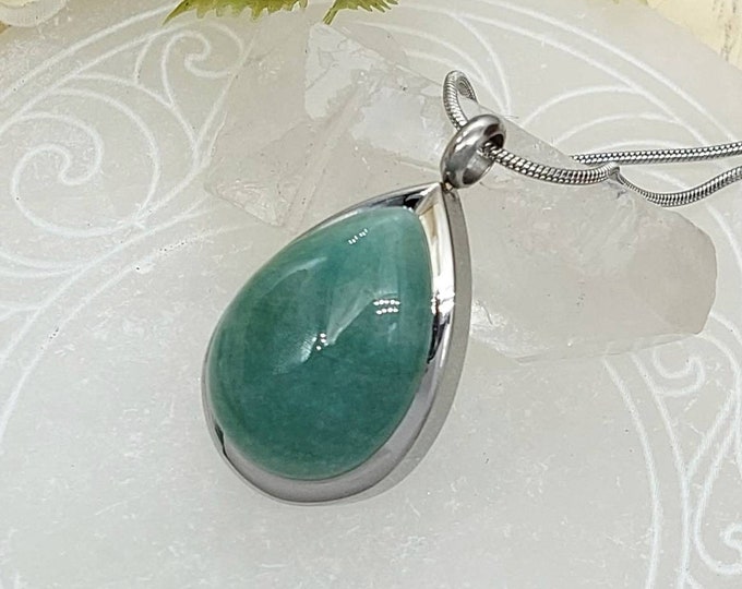 Green Aventurine Teardrop Locket | Urn Necklace for Human Ashes | Cremation Ash Necklace | Cremate Jewelry | Memorial Amulet | Sympathy Gift