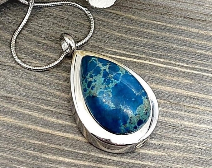 Blue Green Imperial Jasper Teardrop Locket for Memorial Ashes | Urn Necklace | Cremation Jewelry for Ash | Womens Keepsake Jewellery Gifts