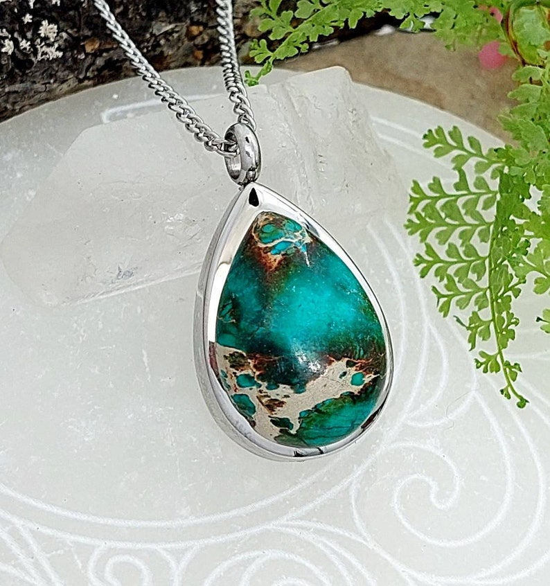 Green Imperial Jasper Teardrop Urn Locket Necklace Cremation Jewelry Necklace for Human Ashes or Pet Ash Keepsake Jewelry Gift for Women image 1