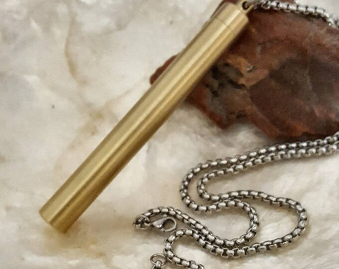 Long Brass Urn Pendant Necklace | Pill Bottle Necklace | Cremation Jewelry Locket for human Ash | Memorial Urn Jewelry | Whisker Keepsake