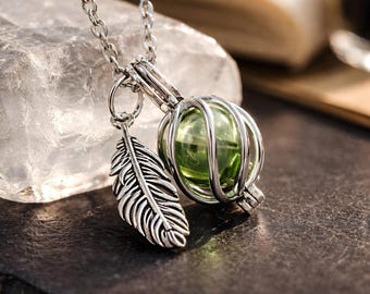 Sterling Silver Feather Locket: Glass Orb Cremation Jewelry, Memorial Ashes Keepsake Urn Necklace