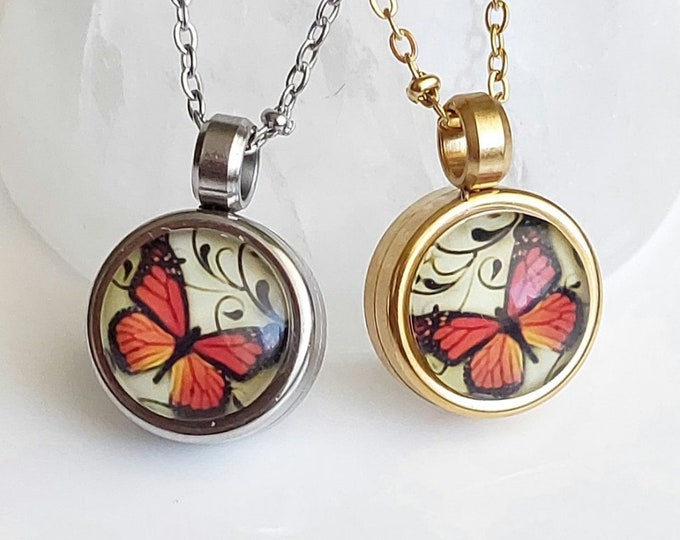 Monarch Butterfly Jewelry | Small Locket Urn Necklace for Ashes | Cremation Jewelry for Her |  Keepsake Lockets | Stainless Steel Jewellery