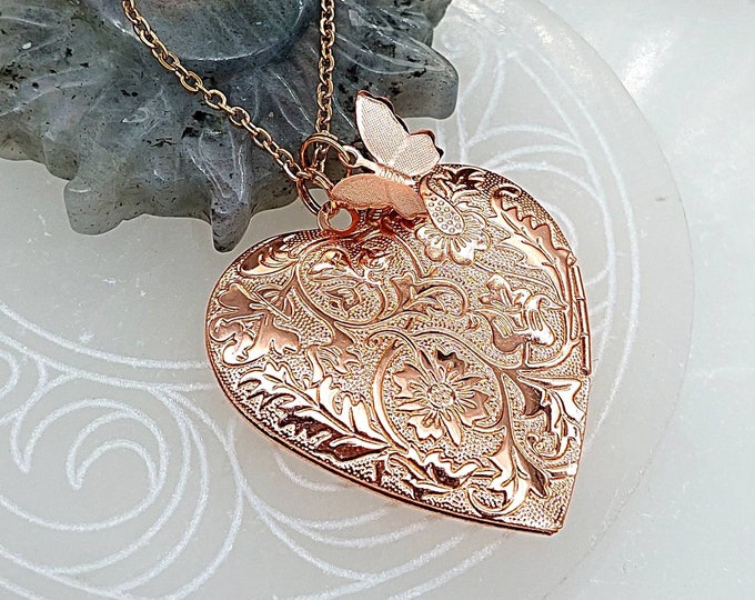 Large Embossed Rose Gold Heart Color Locket Necklace | Cremation Jewelry | Heart Urn Necklace | Urn Jewelry | Memorial Jewelry Gift for her