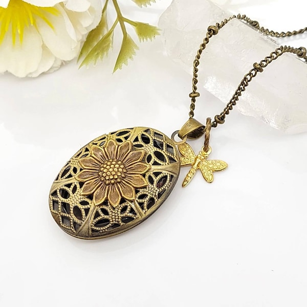 Bronze Dragonfly Daisy Locket | Urn Locket Necklace Hair Locket | Urn Pendant | Dragonfly Urn Locket | Mourning Jewelry | Cremation Jewelry