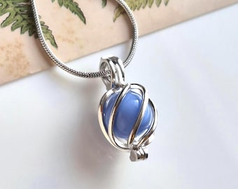 Sterling Silver Teardrop Cremation Locket | Urn Necklace | Periwinkle Blue Glass Memorial Pendant