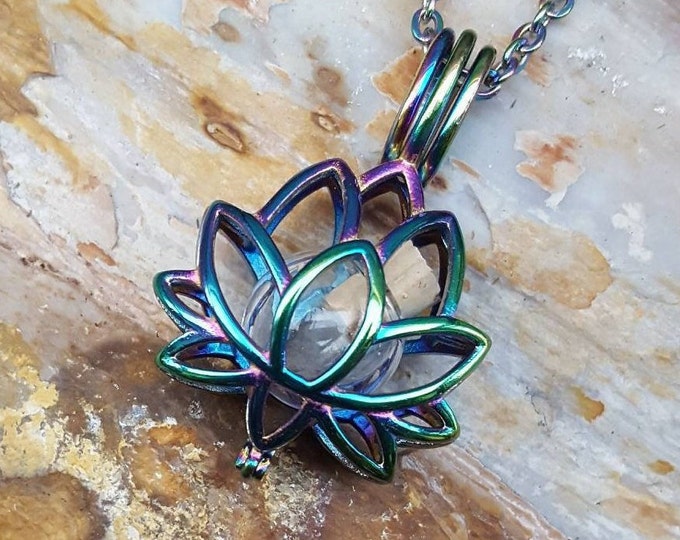 Rainbow Lotus Flower Locket Urn Necklace with Glass Orb | Water lily Necklace | Cremation Jewelry | Keepsake Urn Jewelry | Memorial Jewelry