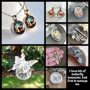May include: A collection of butterfly-themed jewelry including round pendants with orange butterfly graphics, filigree lockets, wing-shaped charms, and a crystal suncatcher. Text reads: I have lots of butterfly keepsakes. Feel free to message me.