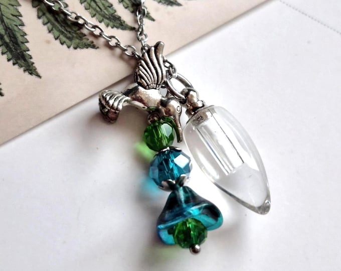 Hummingbird Urn Necklace | Blue Flower Cremation Ashes Keepsake, Hummingbird Memorial Urn Jewelry