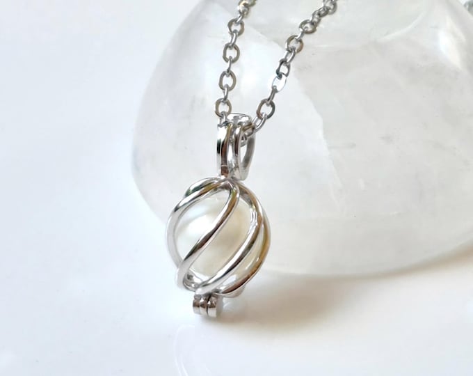Sterling Silver Teardrop Locket, Necklace for Ashes, Pearl White Glass Cremation Jewelry, Memorial Urns