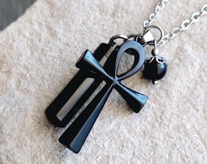 Black Egyptian Ankh Cross Urn Pendant Necklace : Cremation Ash Jewelry for Men or Women | Cremains Pendant