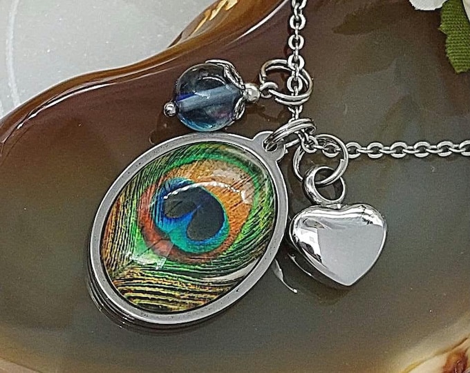 Peacock Feather Urn Necklace for Ashes, Stainless Steel Cremation Jewelry for Women, Ash Holder