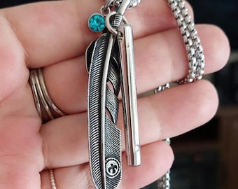 Feather Urn Necklace with Custom Birthstone Charm Choice | Stainless Steel Cremation Jewelry for Men or Women, Ash Holder Pendant with Chain