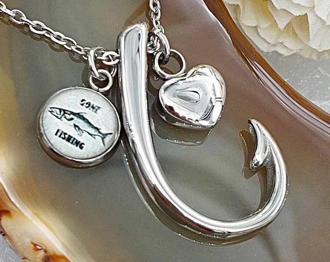 Fishing, Fish Hook Necklace for Ashes | Dad, Grandpa Memorial | Cremation Jewelry | Urn Jewelry | Pendant for Ashes | Cremation Necklace