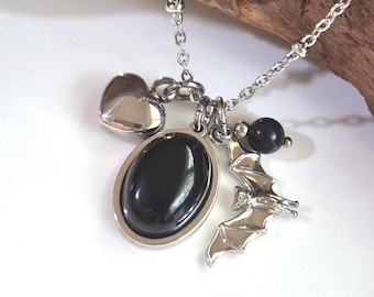 Bat Urn Necklace for Ashes : Womens Cremation Jewelry, Memorial Ash Pendant (Choose Rose Quartz, Obsidian, Opalite)