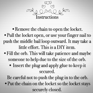 May include: Instructions for filling a locket orb with a small object. The instructions include removing the chain, opening the locket, filling the orb, inserting a plug, and securing the plug with glue. The instructions also advise to be careful not to push the plug into the orb and to put the chain back on the locket.