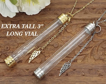 Extra Long Urn Necklace for Ashes, Lock of Hair, Pet Fur, Whiskers Jar | 3 inch Tall Clear Locket | DIY Cremation Jewelry | Urn Jewelry