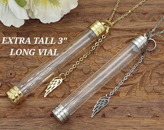 Extra Long Urn Necklace for Ashes, Lock of Hair, Pet Fur, Whiskers Jar | 3 inch Tall Clear Locket | DIY Cremation Jewelry | Urn Jewelry