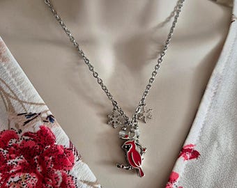 Christmas Bird Keepsake Ashes Pendant with Snowflakes: Cardinal Bird Cremation Jewelry | Memorial Ashes Pendant | Gifts for Her