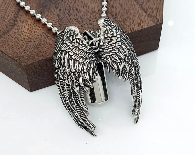 Large Angel Wings Urn Necklace | Memorial Ashes Jewelry for Cremains | Urn Pendant | Cremate Jewelery | Dad, Brother, Son Memorial Gift